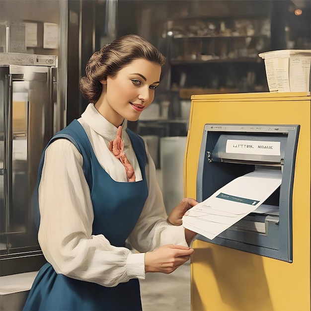 Zdjęcie piękna młoda kobieta umieszczająca listy w skrzynce pocztowej na zewnątrz
