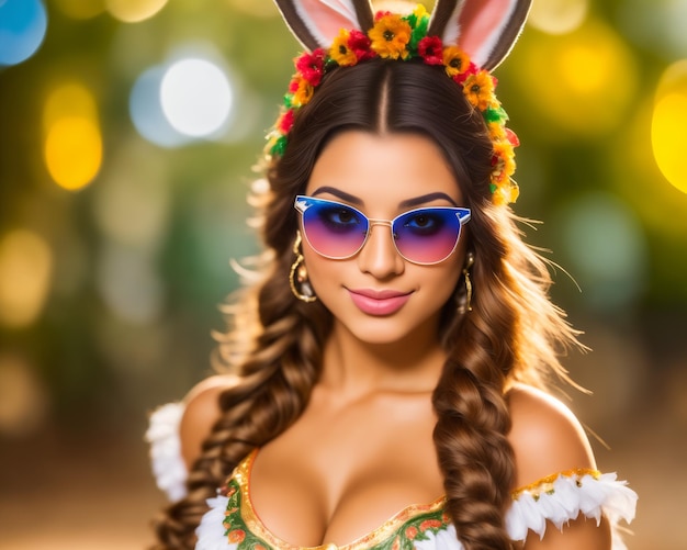 Piękna młoda kobieta w bawarskim stroju z uszami królika na tle bokeh