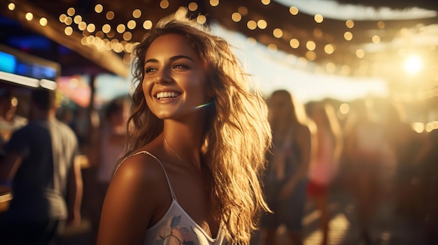 Piękna młoda kobieta w białej sukience i uśmiechająca się podczas zabawy na imprezie na plaży w lecie Generatywna sztuczna inteligencja