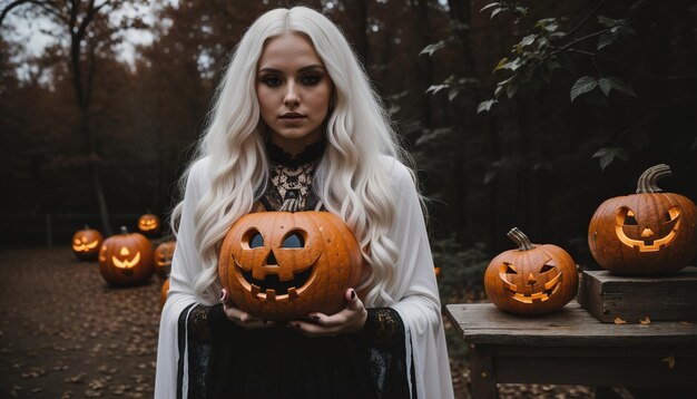 Piękna młoda kobieta w czarnej sukience i kapeluszu na tle Halloween dyni ai generatywny