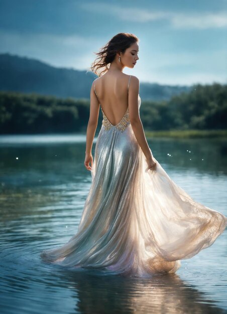 Piękna młoda kobieta w długiej sukience w wodzie ai generatywny