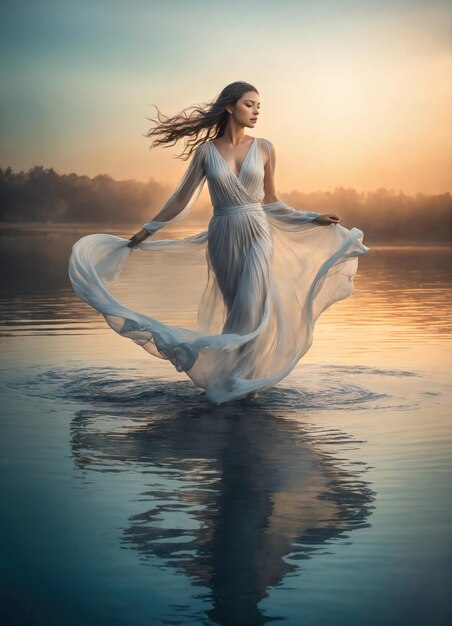Piękna młoda kobieta w długiej sukience w wodzie ai generatywny