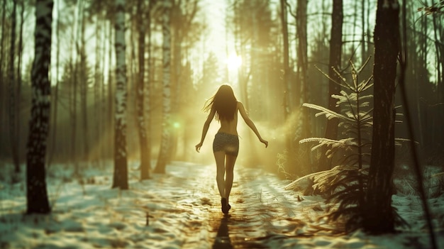 Piękna młoda kobieta w kostiumie kąpielowym spacerująca po zimowym lesie