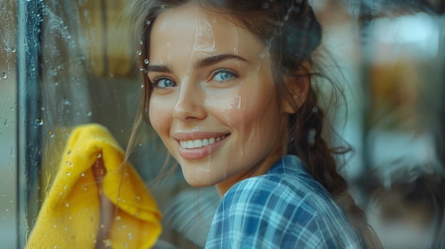 Zdjęcie piękna młoda kobieta w niebieskiej koszuli z karetkami myje okno jasnożółtą szmatą
