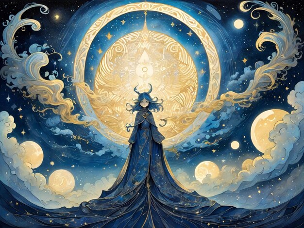 Zdjęcie piękna młoda kobieta w niebieskiej sukience z księżycem
