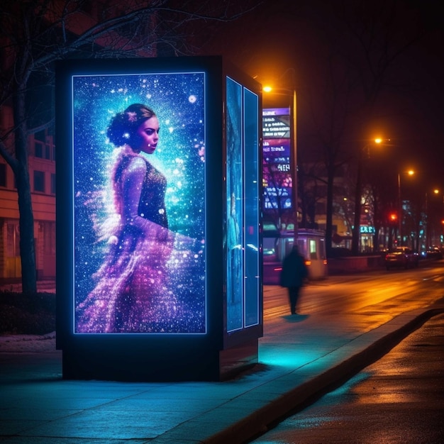 Piękna młoda kobieta w sukni wieczorowej na billboardzie miejskim
