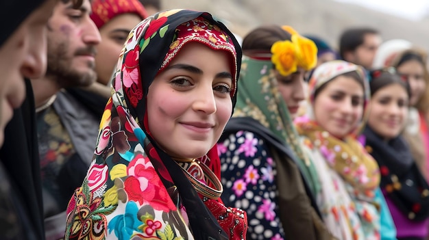 Piękna młoda kobieta w tradycyjnej chustce wstydliwie uśmiecha się do kamery