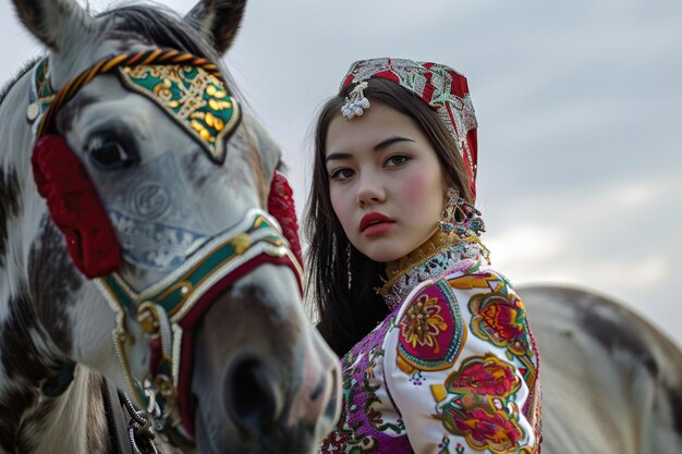 Piękna młoda kobieta w tradycyjnych strojach gracyjnie pozuje obok konia na festiwalu Nowruz