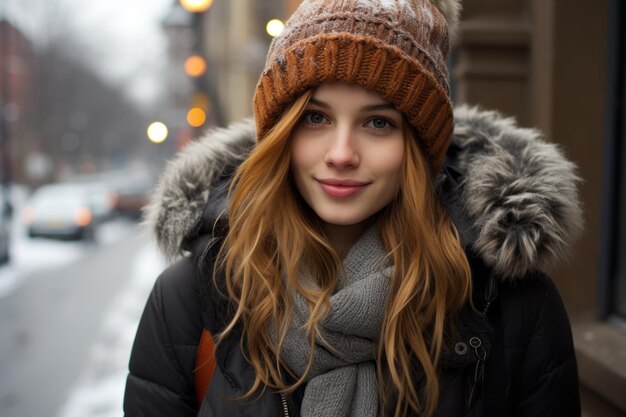 piękna młoda kobieta w zimowej czapce i płaszczu