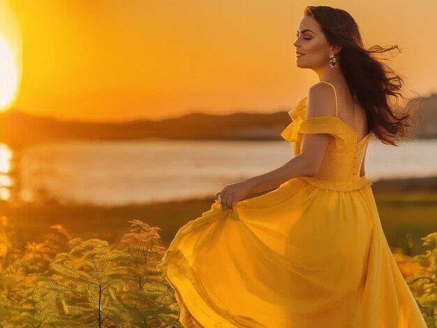 Piękna młoda kobieta w żółtej sukience cieszy się zachodem słońca