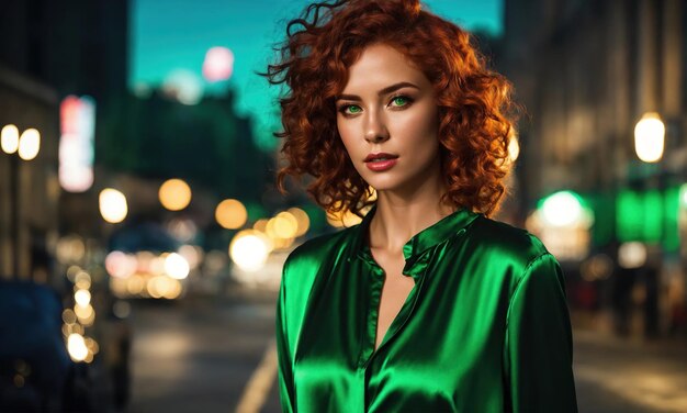 Piękna młoda kobieta z czerwonymi kręconymi włosami w zielonej sukience w mieście w nocy ai generatywny