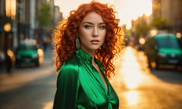 Piękna młoda kobieta z czerwonymi kręconymi włosami w zielonej sukience w mieście w nocy ai generatywny