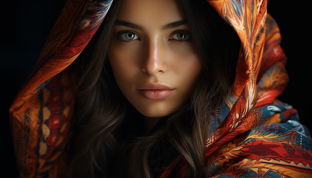 Zdjęcie piękna młoda kobieta z długimi brązowymi włosami patrząca na kamerę wygenerowaną przez sztuczną inteligencję