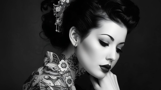 Piękna młoda kobieta z długimi czarnymi włosami i tradycyjnym japońskim tatuażem na szyi i ramieniu