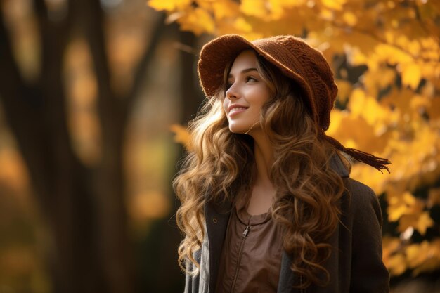 piękna młoda kobieta z długimi kręconymi włosami i kapeluszem w jesiennym parku
