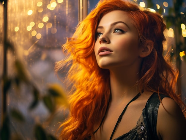 piękna młoda kobieta z długimi rudymi włosami przed oknem