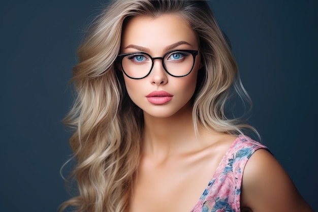 Piękna młoda kobieta z dużymi blond długimi włosami i okularami.
