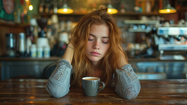Zdjęcie piękna młoda kobieta z filiżanką kawy w kawiarni dziewczyna odpoczywająca w kawiarni