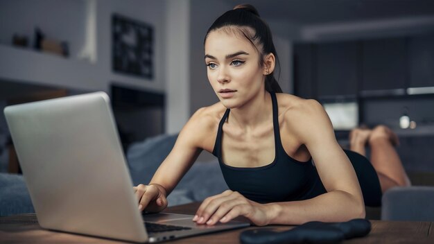 Zdjęcie piękna młoda kobieta z muskularnymi ramionami używająca laptopa do treningu domowego oglądająca kurs wideo onl