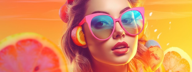 Piękna młoda kobieta z okularami przeciwsłonecznymi Lato Świąteczny tło Generative Ai