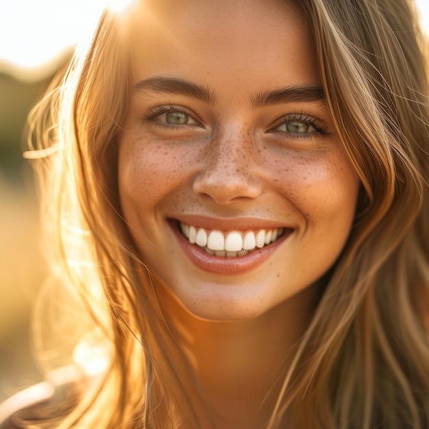 Piękna młoda kobieta z piegi uśmiechająca się w słońcu