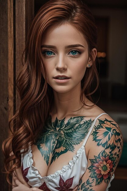 Zdjęcie piękna młoda kobieta z tatuażami na ciele.