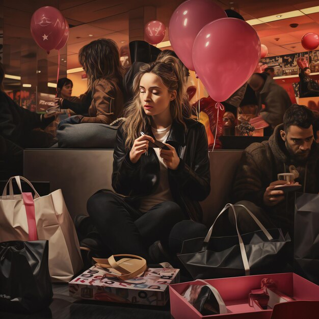 Piękna młoda kobieta z torbami na zakupy i balonami w centrum handlowym