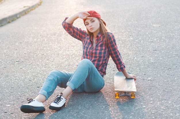 Zdjęcie piękna młoda modna hipster dziewczyna z czapką w modnej koszuli z dżinsami i tenisówkami siedzi na asfalcie ze skateboardem