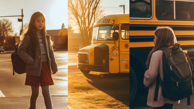 Piękna młoda nastolatka przygotowuje się do wejścia na pokład autobusu szkolnego z powrotem do szkoły