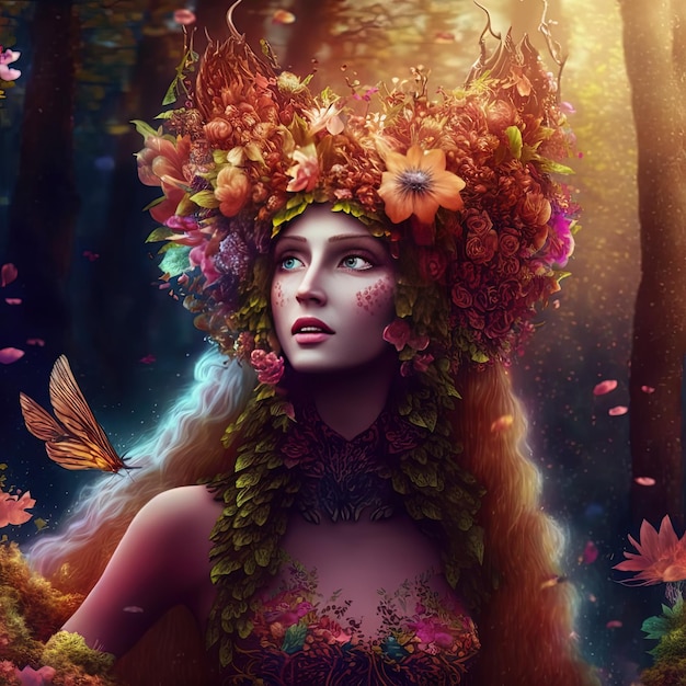 Piękna młoda nimfa duch lasu z długimi włosami i ozdobami botanicznymi