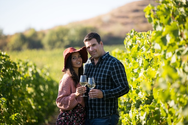 Piękna młoda para między rzędami winorośli trzymając kieliszki wina i patrząc w kamerę.