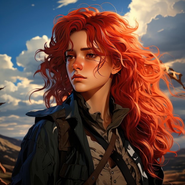 Zdjęcie piękna młoda rudowłosa kobieta żołnierz portret ai generatywny
