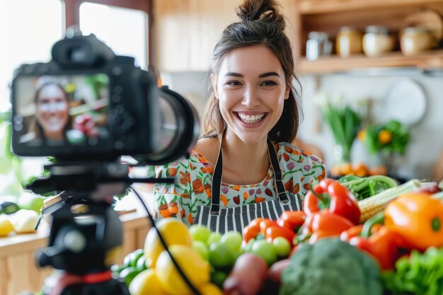 Piękna młoda trenerka zdrowia nagrywa na kamerze swój blog o zdrowym odżywianiu Generatywna sztuczna inteligencja