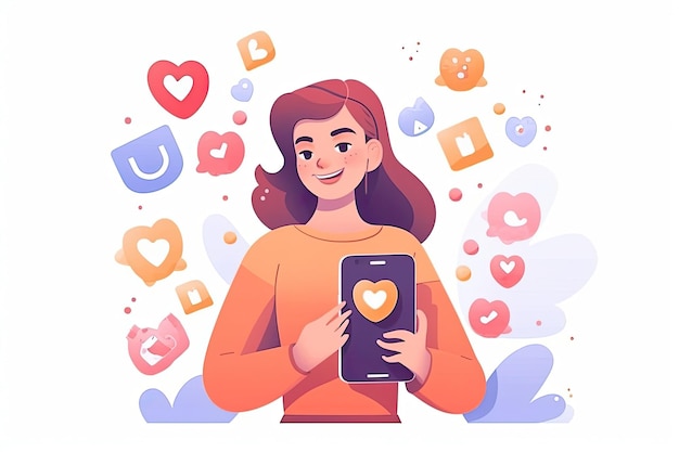 Piękna młoda vloggerka lub influencerka otrzymuje reakcje emoji i emotikonów na swoim smartfonie Wygenerowane przez sztuczną inteligencję