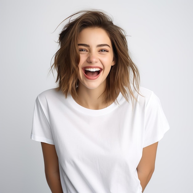 Piękna modelka w białej koszulce szczęśliwie zaskoczona i śmiejąca się
