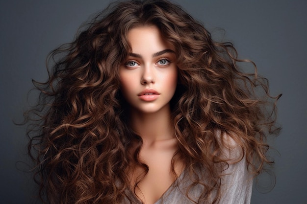 Piękna modelka z długimi falistymi i błyszczącymi włosami Brunetka z kręconą fryzurą