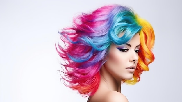 Piękna modelka z kolorową tęczową fryzurą Dziewczyna z doskonałym makijażem i fryzurą