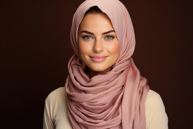 Piękna muzułmanka w hidżabie uśmiechnięta odizolowana w studiu. Utworzono przy użyciu technologii Generative Ai