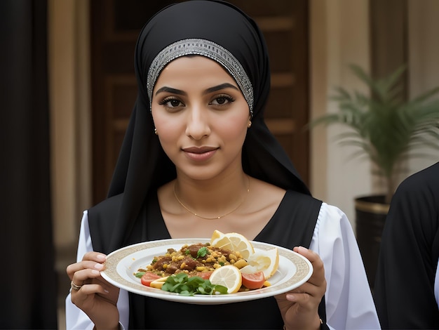 Piękna muzułmańska kobieta w hidżabie i oferująca dania iftar zgodnie z islamską tradycją roza iftar podczas ramadanu kareem