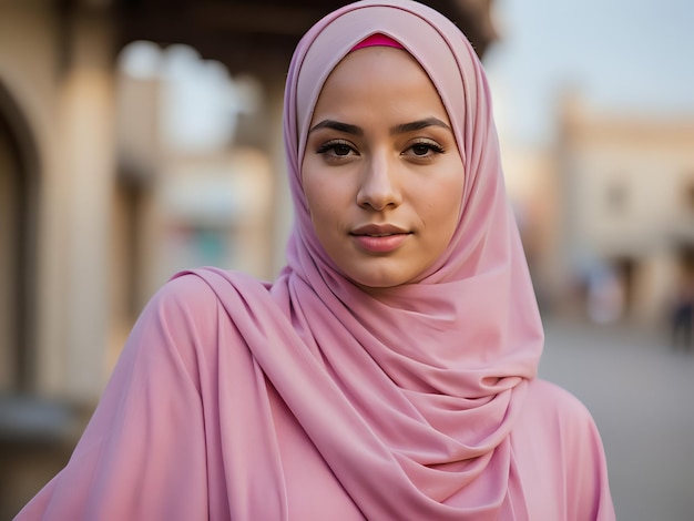 Piękna muzułmańska kobieta w różowym hidżabie w zwykłej sukience w meczecie Islamskie pojęcie religijne