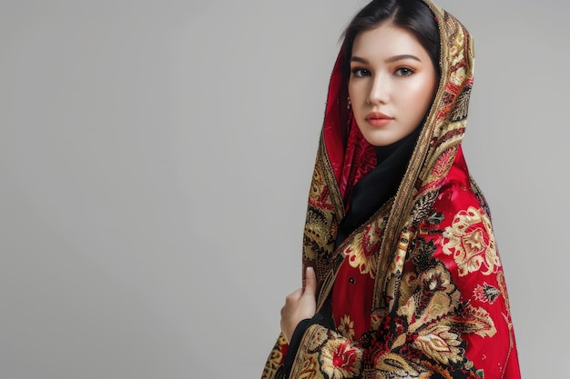 Piękna muzułmańska modelka w nowoczesnej kebai i hidżabie
