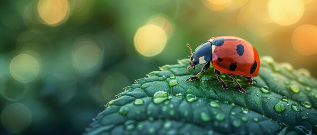 Zdjęcie piękna natura i makro świat z ladybug siedzący na zielonym liście w słoneczny wiosny lub letni dzień czyste eko tło i świeże soczyste liście drzew zbliżenie pusta przestrzeń kopiowania