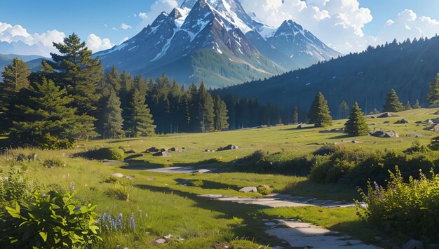 Piękna naturalna sceneria lasów i gór na tapetę