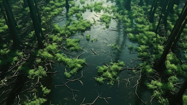 Zdjęcie piękna naturalna tekstura zalanego lasu widok tła z góry hd