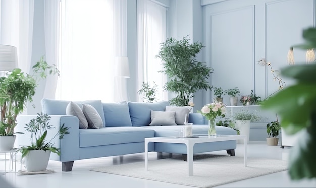 Piękna niebieska kanapa, wzór domu, dekoracja, pokój dzienny, darmowe zdjęcie