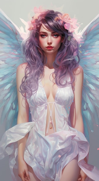 Piękna, niewinna, delikatna dziewczyna, anioł, archanioł w jedwabnych ubraniach, spotyka się przy wejściu do nieba.
