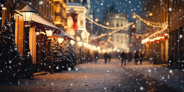 Zdjęcie piękna niewyraźna ulica z opadami śniegu i świątecznymi światłami