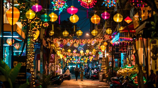 Piękna nocna scena ulicy z kolorowymi latarniami Latarnie są oświetlone i tworzą świąteczną atmosferę