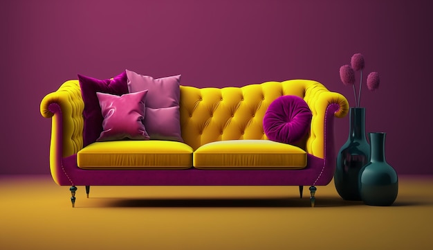 Piękna, nowoczesna i stylowa sofa w kolorze magenta z żółtym Generative AI