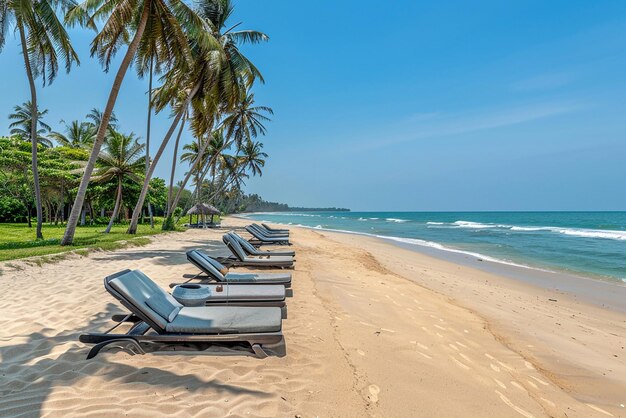 Piękna, otwarta piaszczysta plaża z łóżkami na plaży.